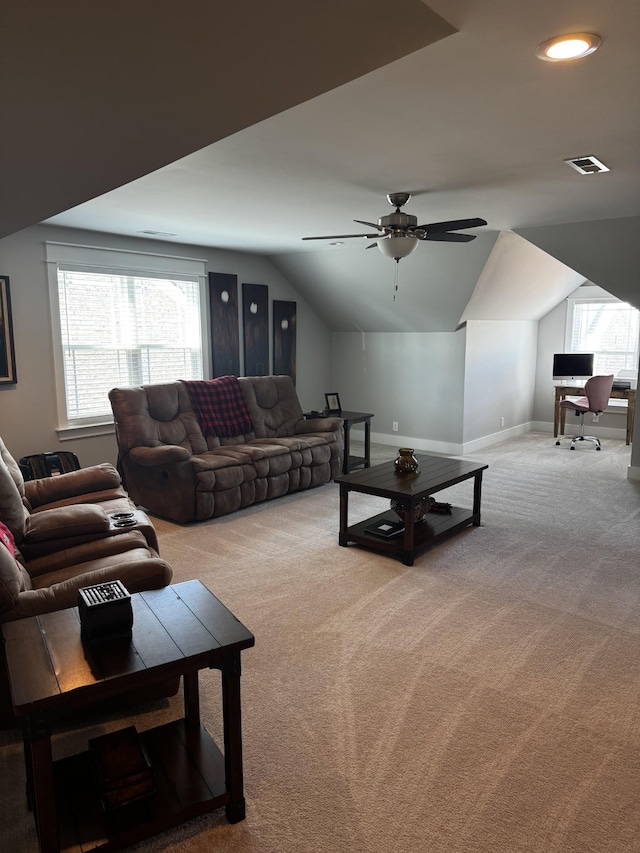 carpeted living area with ceiling fan, recessed lighting, visible vents, baseboards, and vaulted ceiling