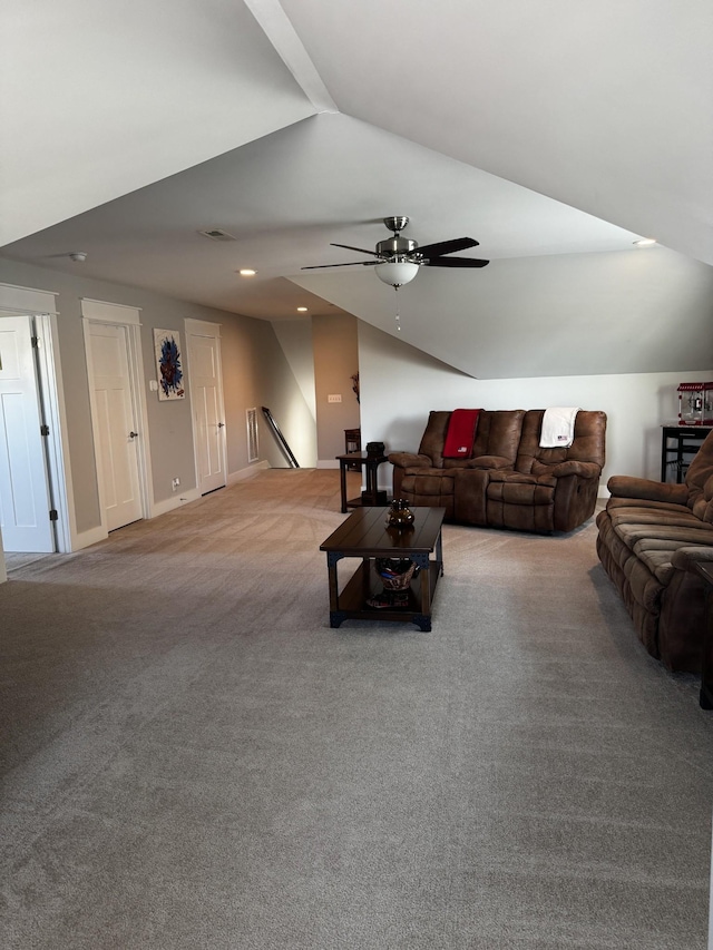 living area with lofted ceiling, ceiling fan, recessed lighting, carpet floors, and visible vents