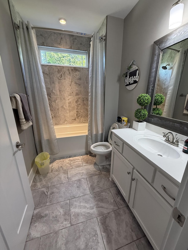 bathroom featuring toilet, shower / bath combination with curtain, and vanity