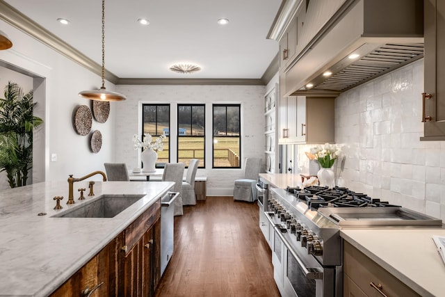 kitchen featuring appliances with stainless steel finishes, crown molding, a sink, and custom exhaust hood