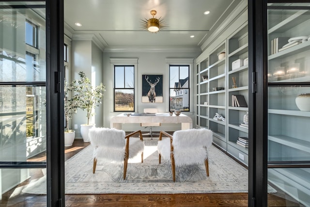 office space featuring ornamental molding, wood finished floors, and recessed lighting