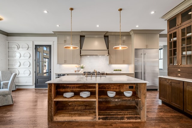 kitchen featuring custom range hood, glass insert cabinets, appliances with stainless steel finishes, dark wood-style flooring, and open shelves