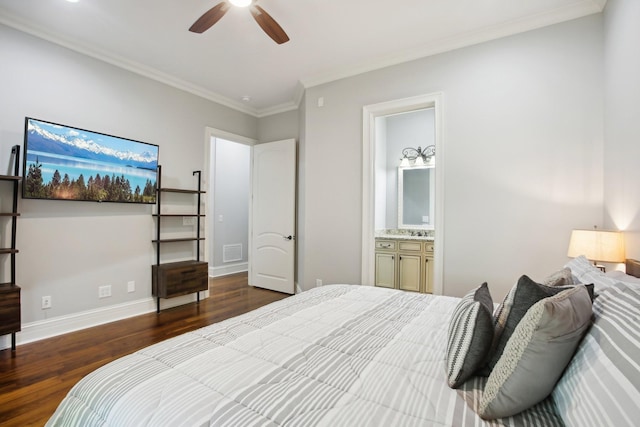 bedroom with visible vents, baseboards, connected bathroom, ornamental molding, and wood finished floors