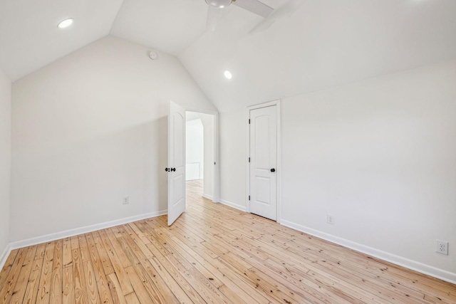 bonus room with a ceiling fan, baseboards, vaulted ceiling, and hardwood / wood-style floors