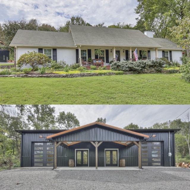 view of front of house featuring a garage, board and batten siding, and a front lawn