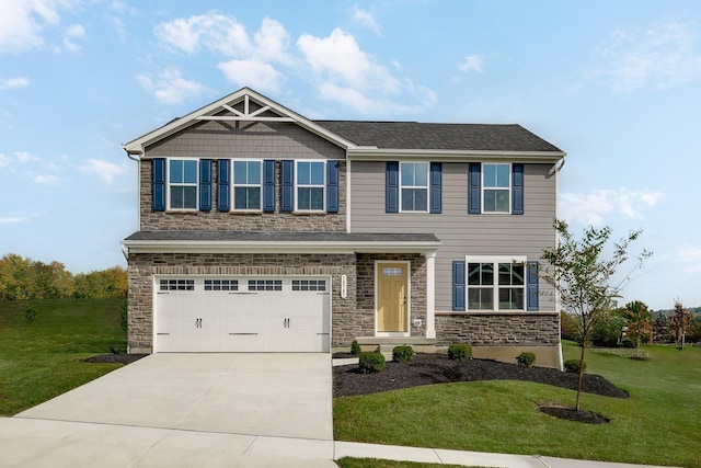 craftsman house featuring driveway, stone siding, a garage, and a front yard