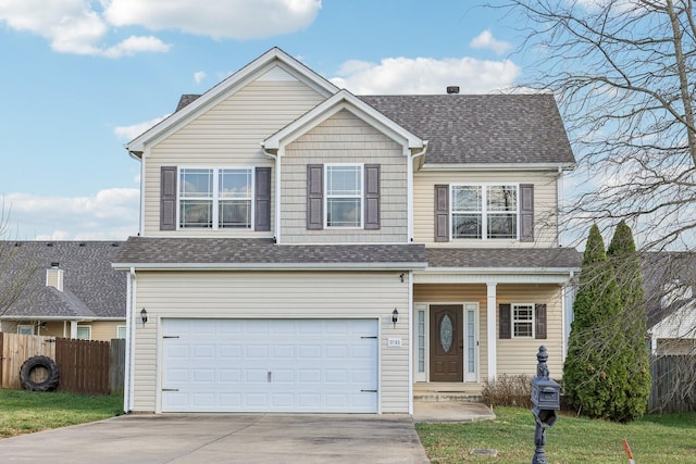 view of front of property featuring an attached garage, concrete driveway, roof with shingles, and fence