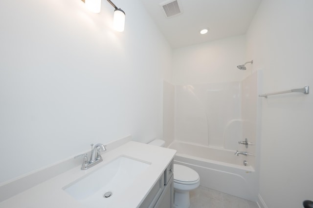 full bath with visible vents, toilet, tile patterned flooring, bathtub / shower combination, and vanity