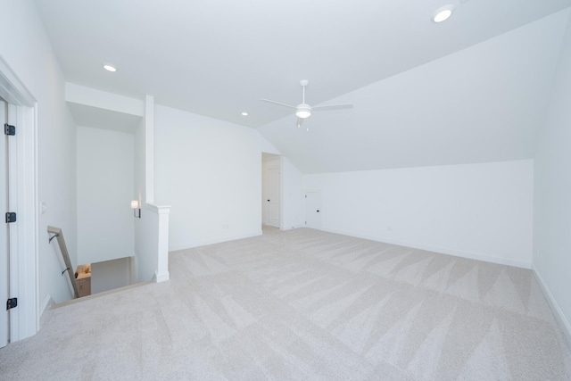 bonus room featuring vaulted ceiling, ceiling fan, carpet, and recessed lighting