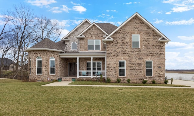 view of front facade featuring a front yard, covered porch, brick siding, and roof with shingles