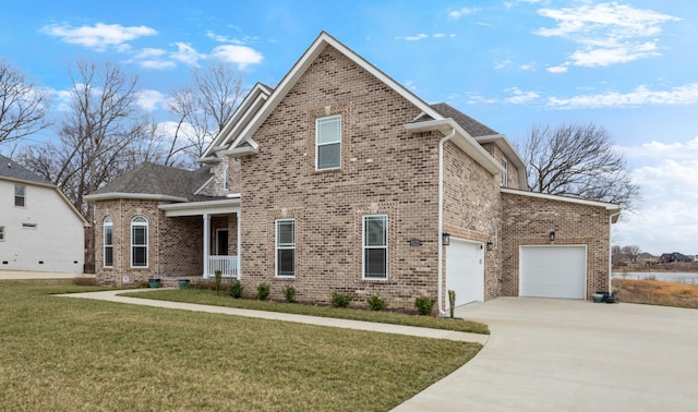 view of front facade featuring a shingled roof, brick siding, driveway, and a front lawn