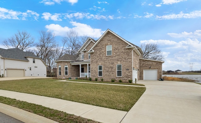 view of front of home featuring driveway, a garage, a front yard, and brick siding