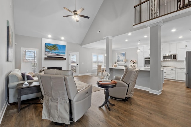 living room featuring a fireplace, dark wood finished floors, a wealth of natural light, and ornate columns