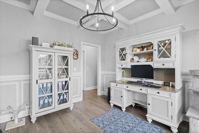 office area featuring a chandelier, beamed ceiling, and dark wood-style floors