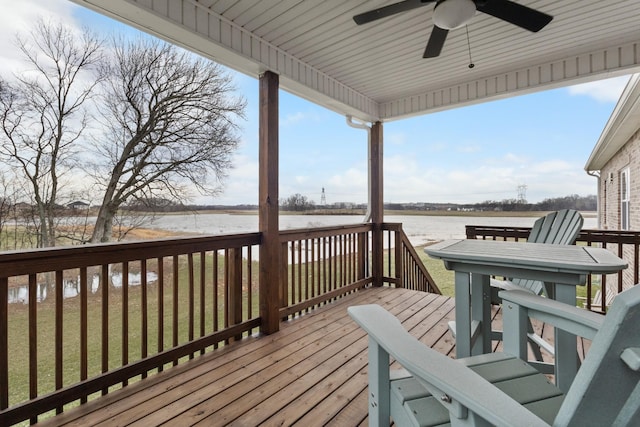 deck featuring a water view and ceiling fan