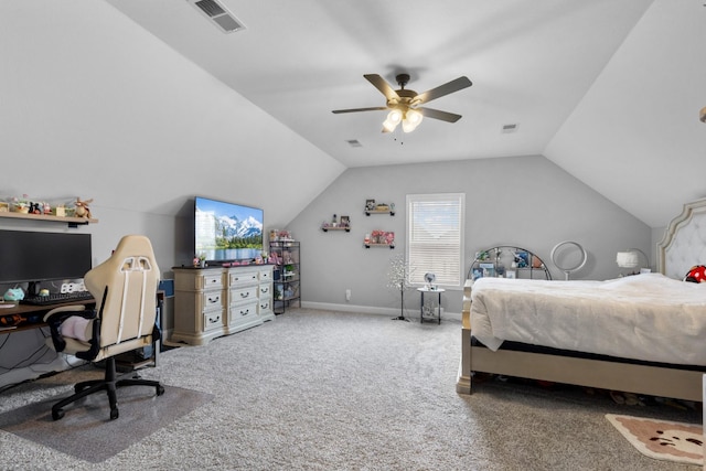 carpeted bedroom with a ceiling fan, visible vents, vaulted ceiling, and baseboards