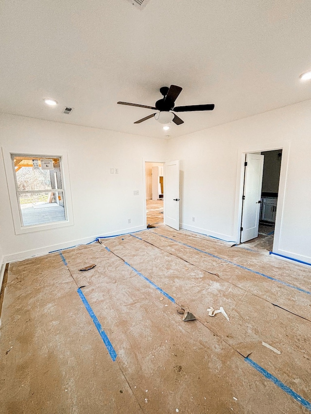 unfurnished bedroom with recessed lighting, visible vents, a textured ceiling, and baseboards