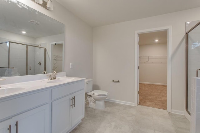 full bathroom with toilet, a stall shower, a sink, and visible vents