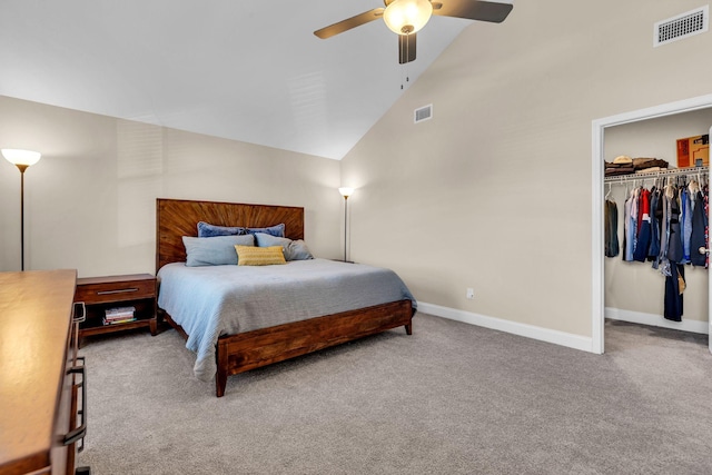 carpeted bedroom featuring ceiling fan, high vaulted ceiling, visible vents, and baseboards