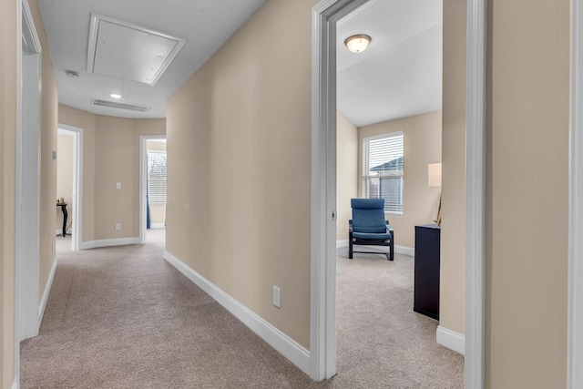 corridor featuring baseboards, visible vents, attic access, and light colored carpet