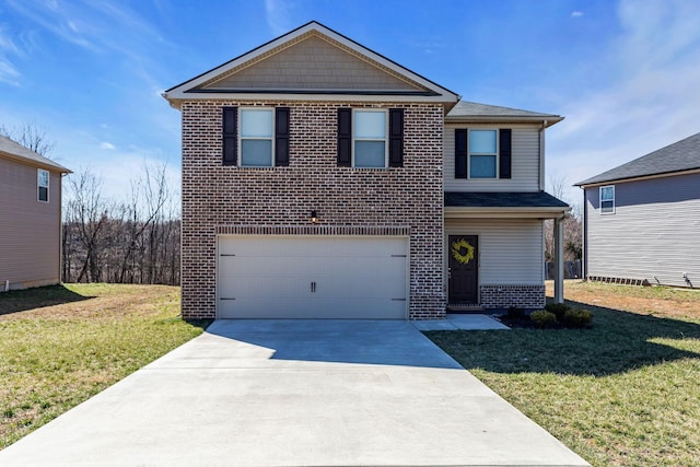 view of front of home featuring an attached garage, brick siding, driveway, and a front lawn