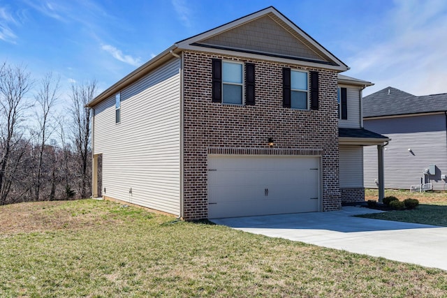 view of front of property with a garage, concrete driveway, brick siding, and a front lawn