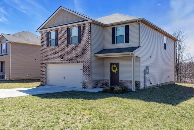 traditional-style home with driveway, an attached garage, a front lawn, and brick siding