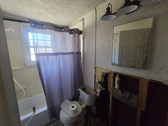 full bath with a textured ceiling, toilet, and shower / bathtub combination with curtain