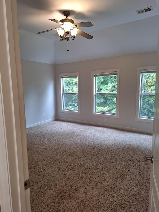 spare room with carpet floors, visible vents, plenty of natural light, and baseboards