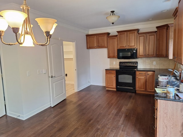 kitchen featuring black appliances, dark wood-type flooring, brown cabinetry, and decorative backsplash