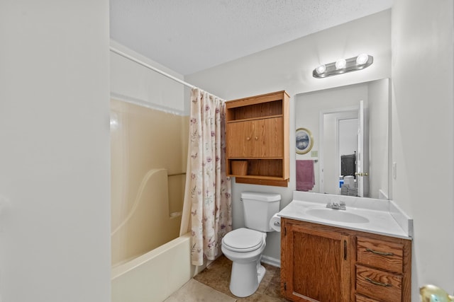 full bath with shower / tub combo, toilet, tile patterned floors, a textured ceiling, and vanity