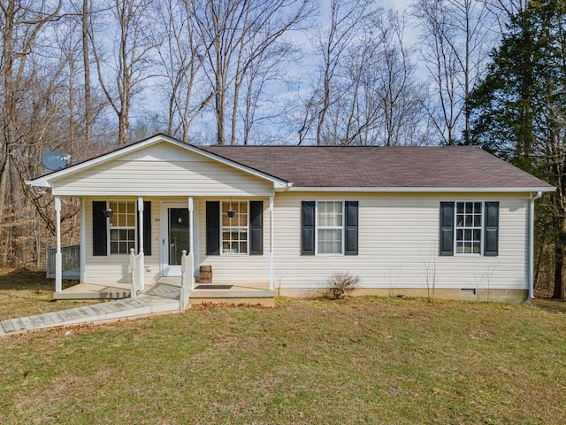 ranch-style home with a porch, crawl space, roof with shingles, and a front lawn