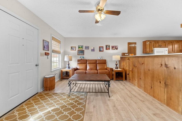 living area with ceiling fan and light wood-style flooring