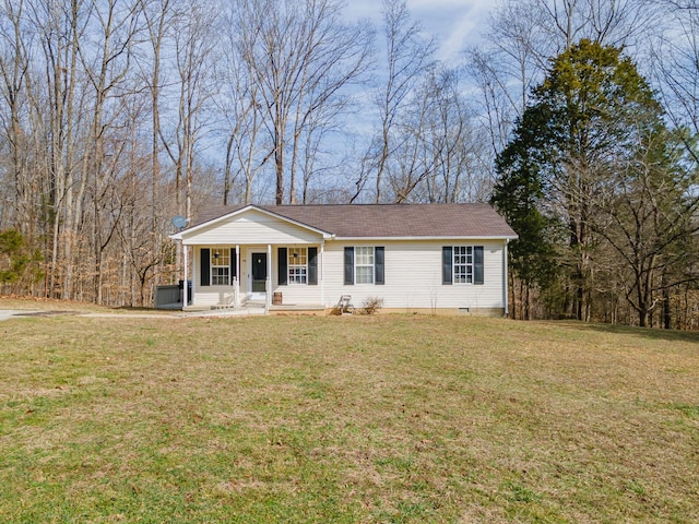 view of front of property with covered porch, crawl space, and a front yard