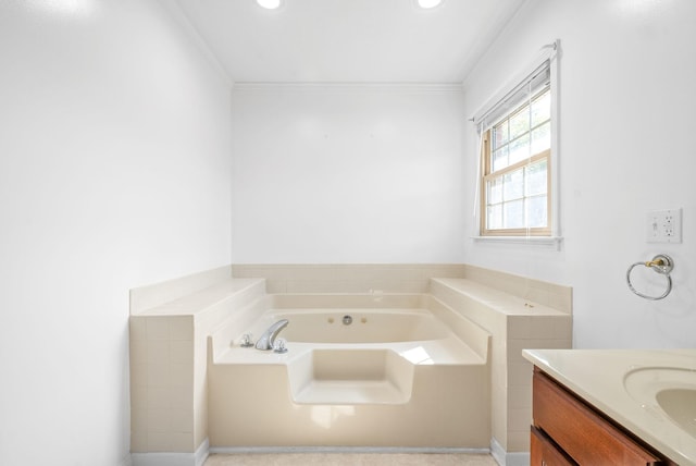 full bathroom with recessed lighting, ornamental molding, a bath, and vanity