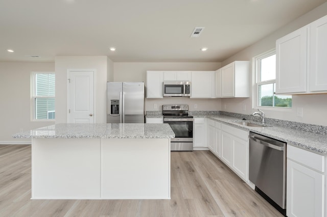 kitchen featuring visible vents, a center island, stainless steel appliances, white cabinetry, and a sink