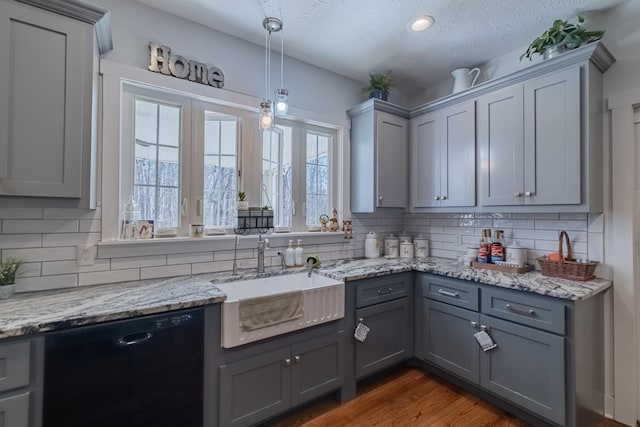 kitchen with a sink, dishwasher, gray cabinetry, and wood finished floors