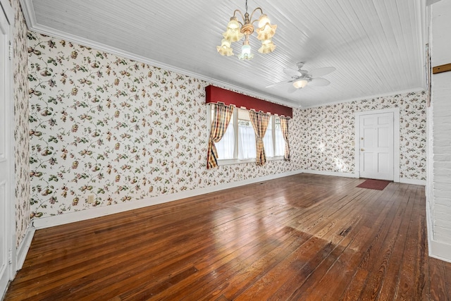 unfurnished room featuring crown molding, baseboards, hardwood / wood-style flooring, and wallpapered walls