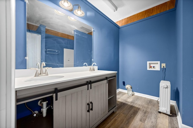 bathroom featuring double vanity, a sink, baseboards, and wood finished floors