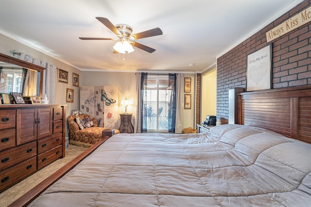 bedroom featuring brick wall, ornamental molding, and a ceiling fan