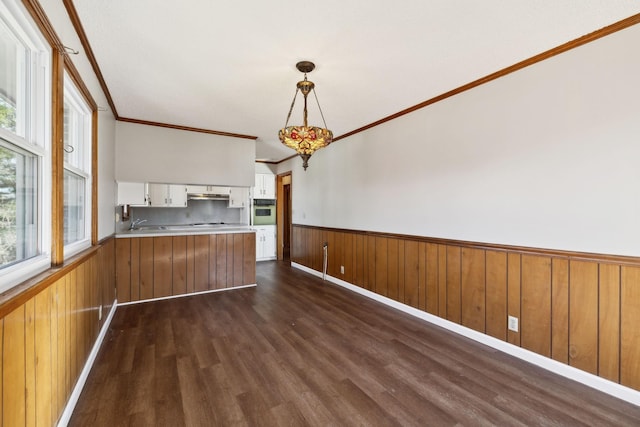 kitchen featuring white cabinets, dark wood finished floors, a wainscoted wall, oven, and light countertops