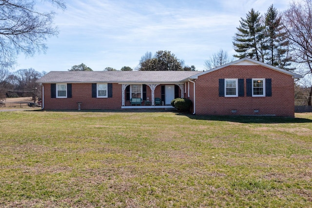 ranch-style home with a front yard, crawl space, brick siding, and covered porch