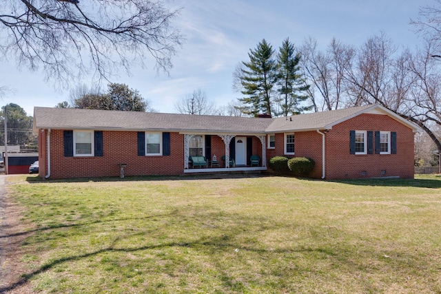 ranch-style house featuring a front yard, crawl space, brick siding, and covered porch