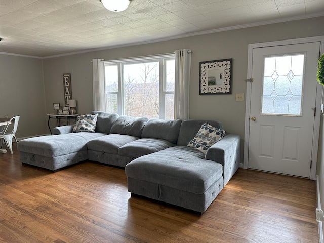 living area with wood finished floors and crown molding