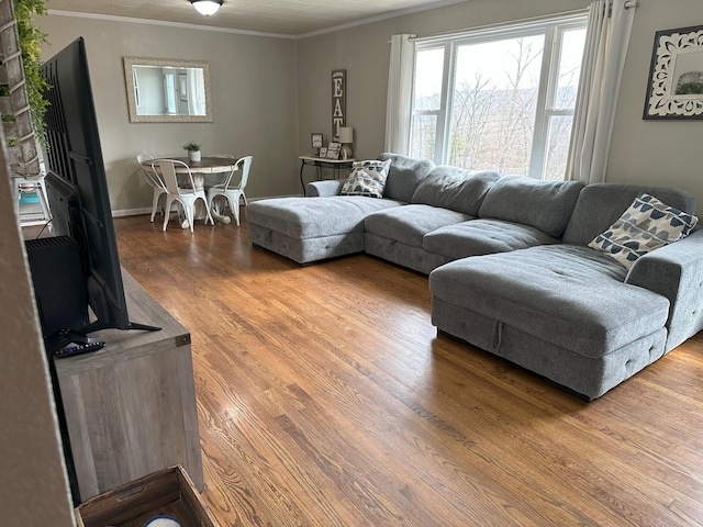 living room with baseboards, crown molding, and wood finished floors