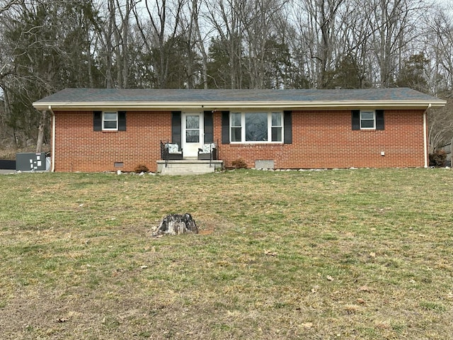 ranch-style house featuring crawl space, a front lawn, and brick siding