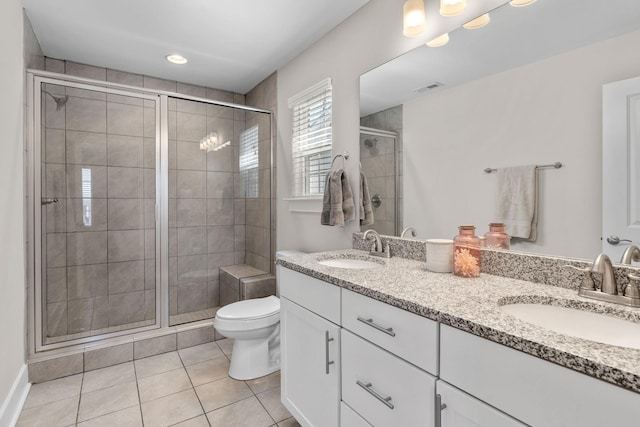 full bath with toilet, a sink, visible vents, and a shower stall