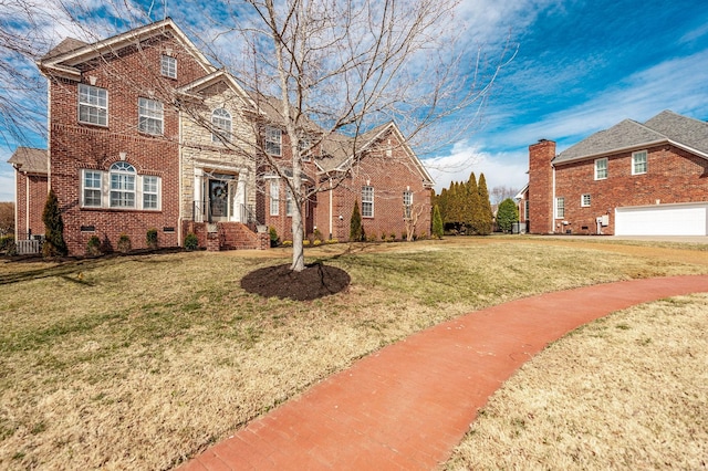 view of front of house with crawl space, brick siding, a front lawn, and central air condition unit