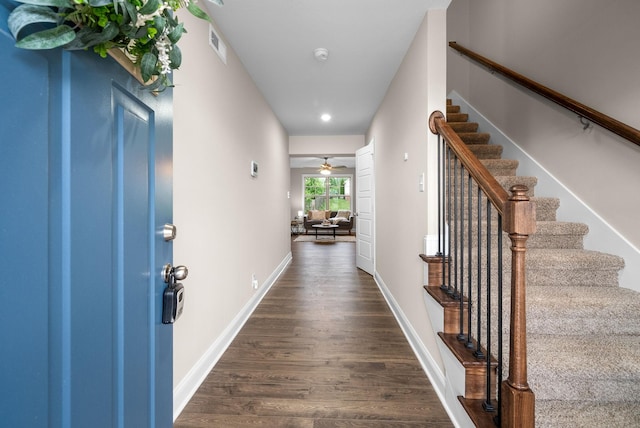 148 Cardinal Crk, Clarksville, TN 37040 - foyer entrance featuring stairs, dark wood-style flooring, ceiling fan, baseboards, and recessed lighting