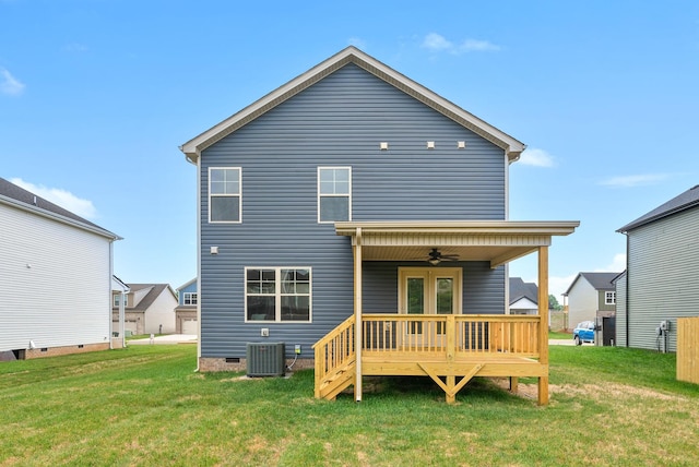 148 Cardinal Crk, Clarksville, TN 37040 - rear view of house featuring a ceiling fan, a lawn, central AC unit, and a wooden deck